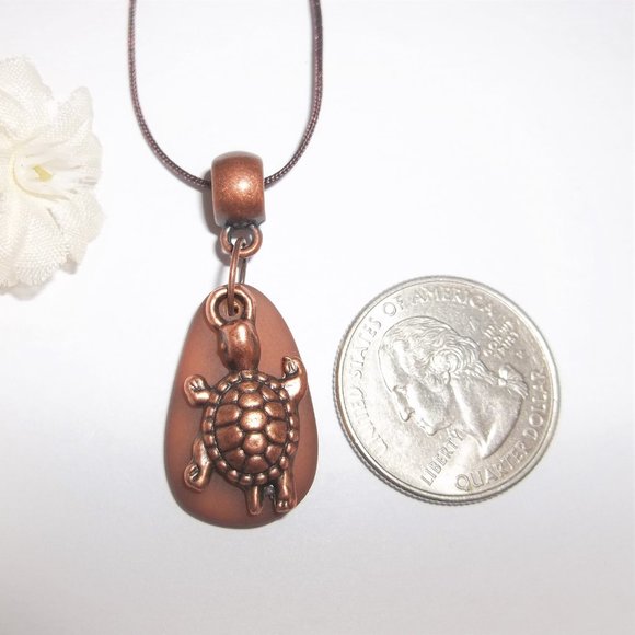 Copper and Brown Turtle Necklace Faux Beach Glass Vacation Wear Jewelry Set 7055 - Picture 2 of 12